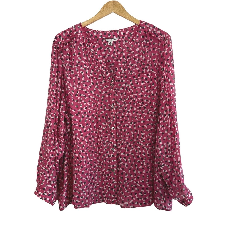 Zac & Rachel Woman Button Up Tunic Top Size 2X Roll Tab Sleeve‎ Pink Ruffle Trim